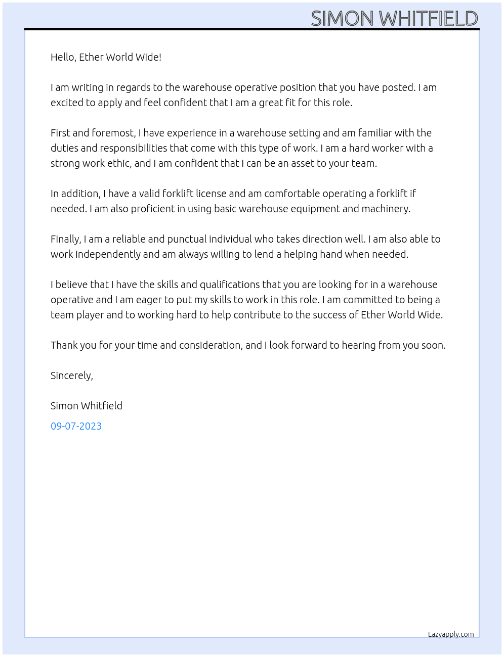 Warehouse operative  At Ether World Wide Cover Letter