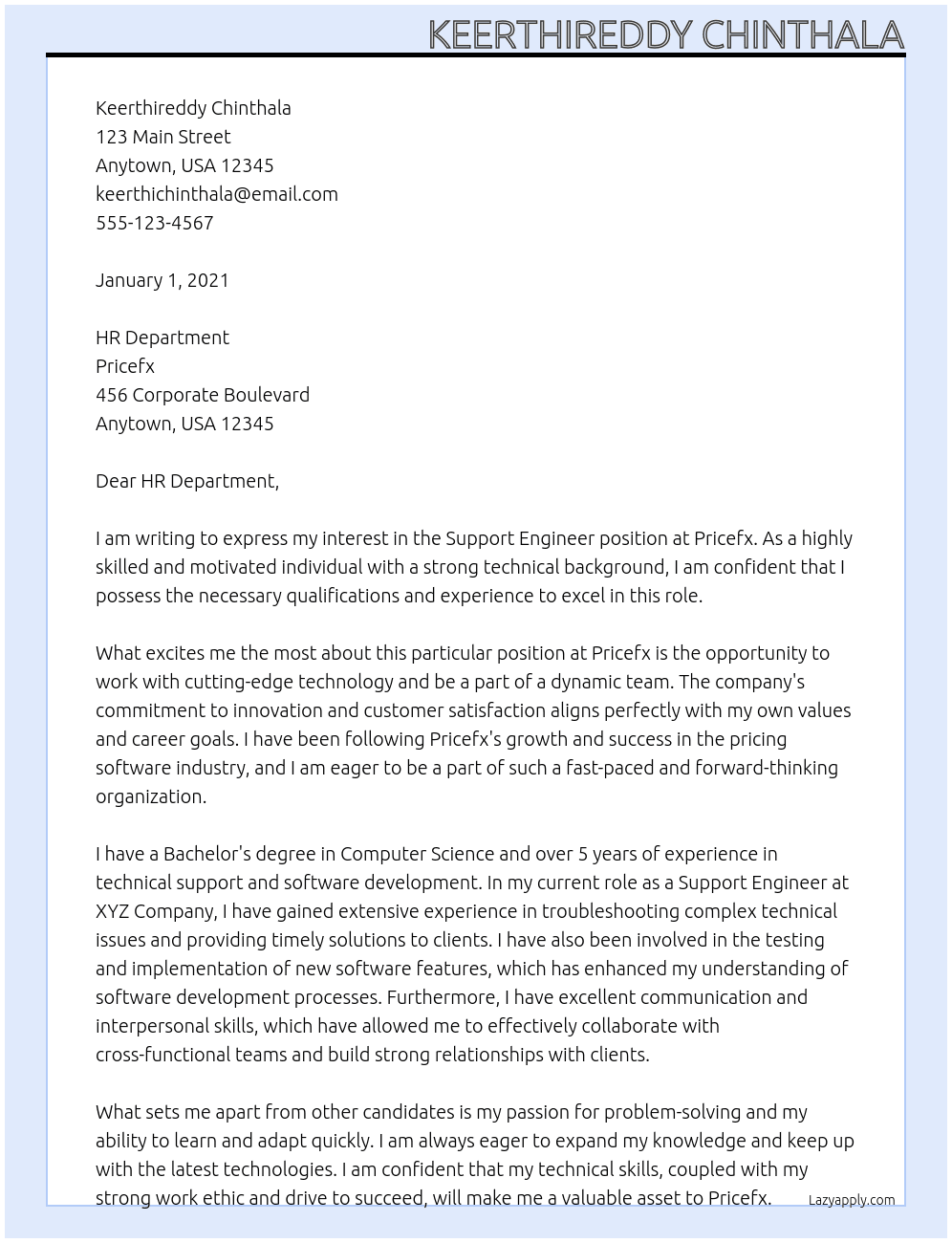 Support engineer At pricefx Cover Letter