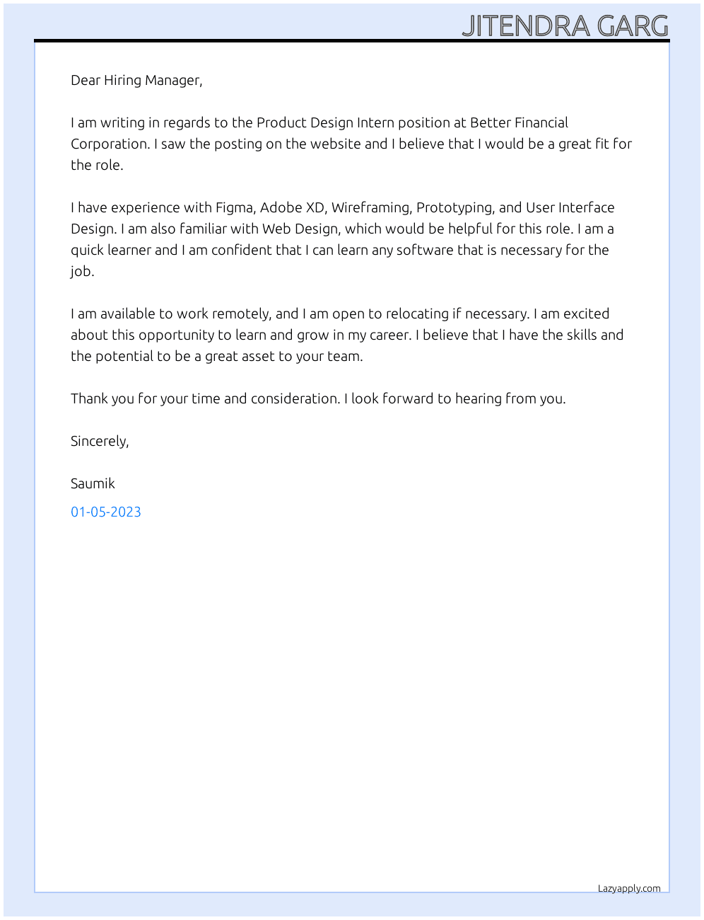 Product Design Intern At Better Financial Corporation Cover Letter