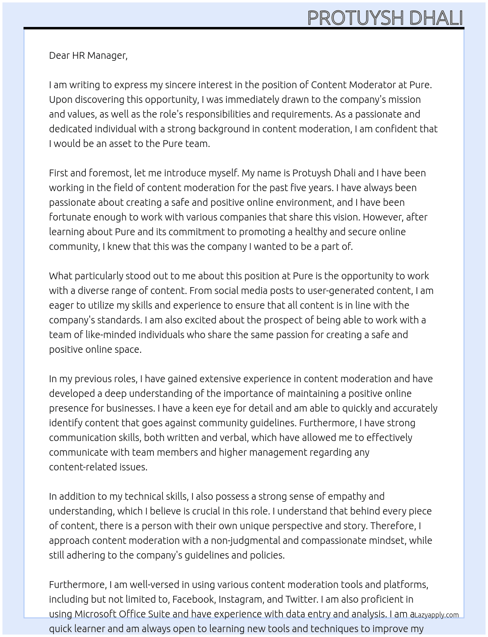 Content Moderator At Pure Cover Letter