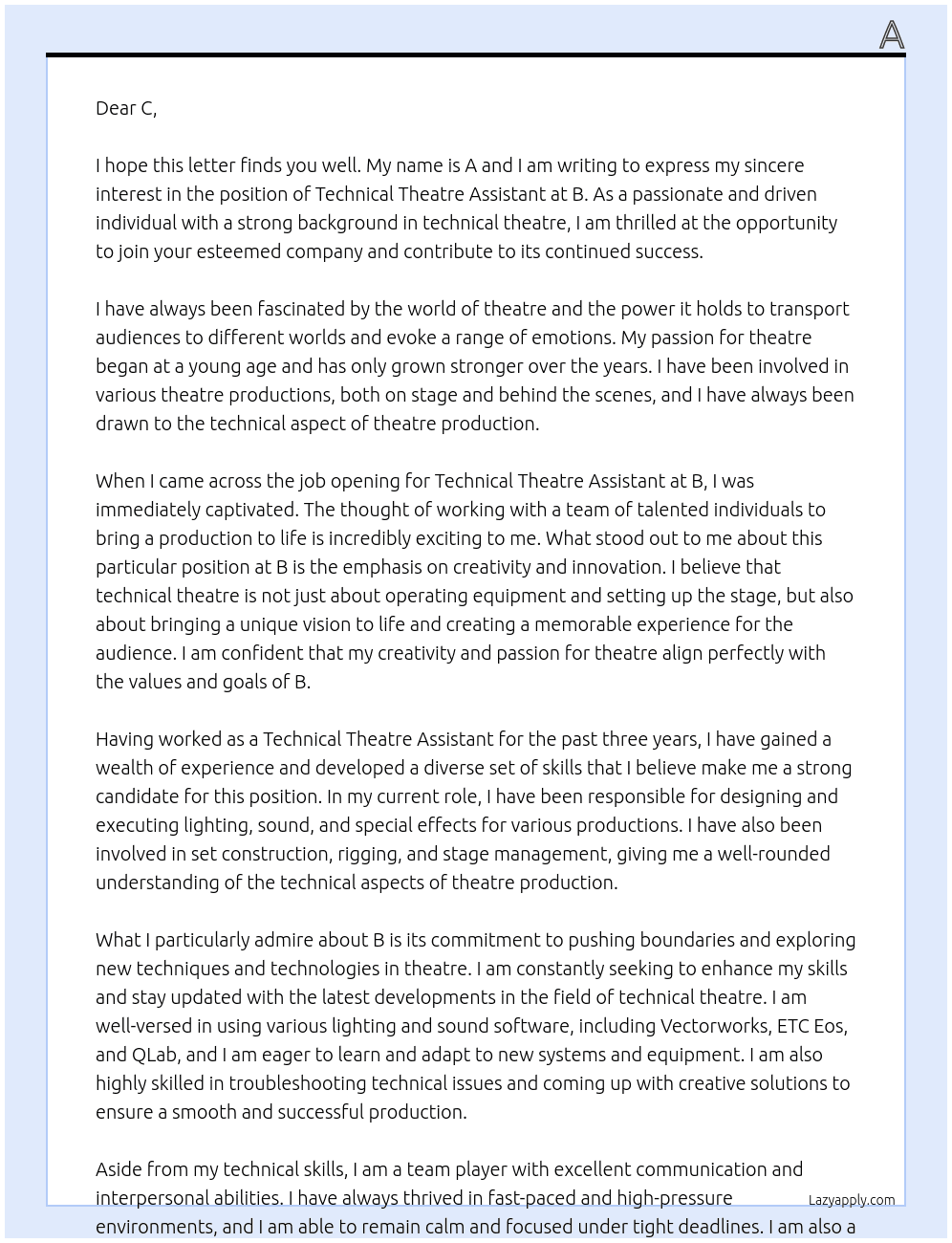 Cover letter for technical theatre assistant - LazyApply