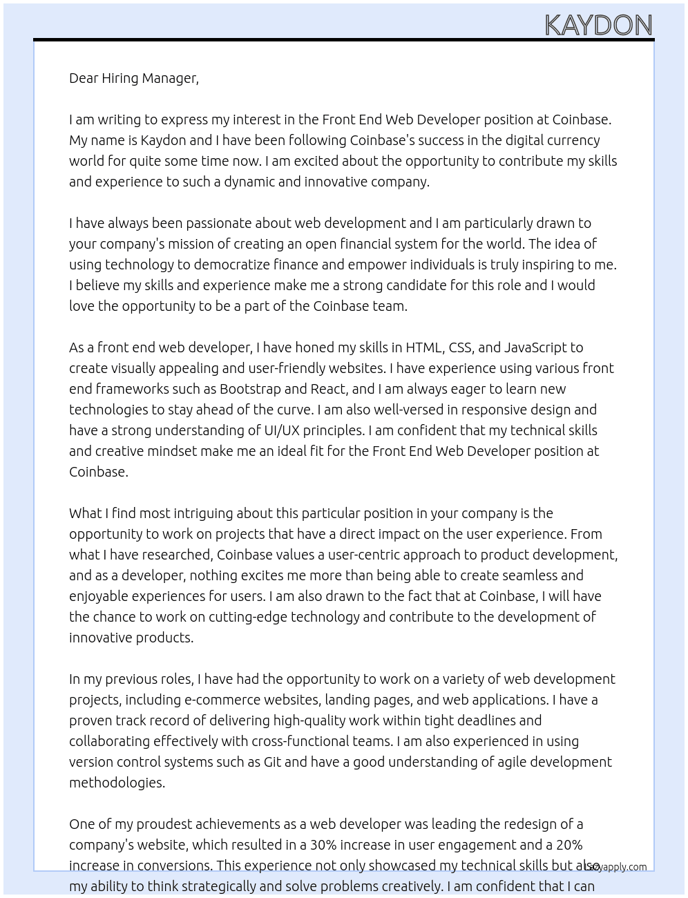 Front End Web Developer At Coinbase Cover Letter