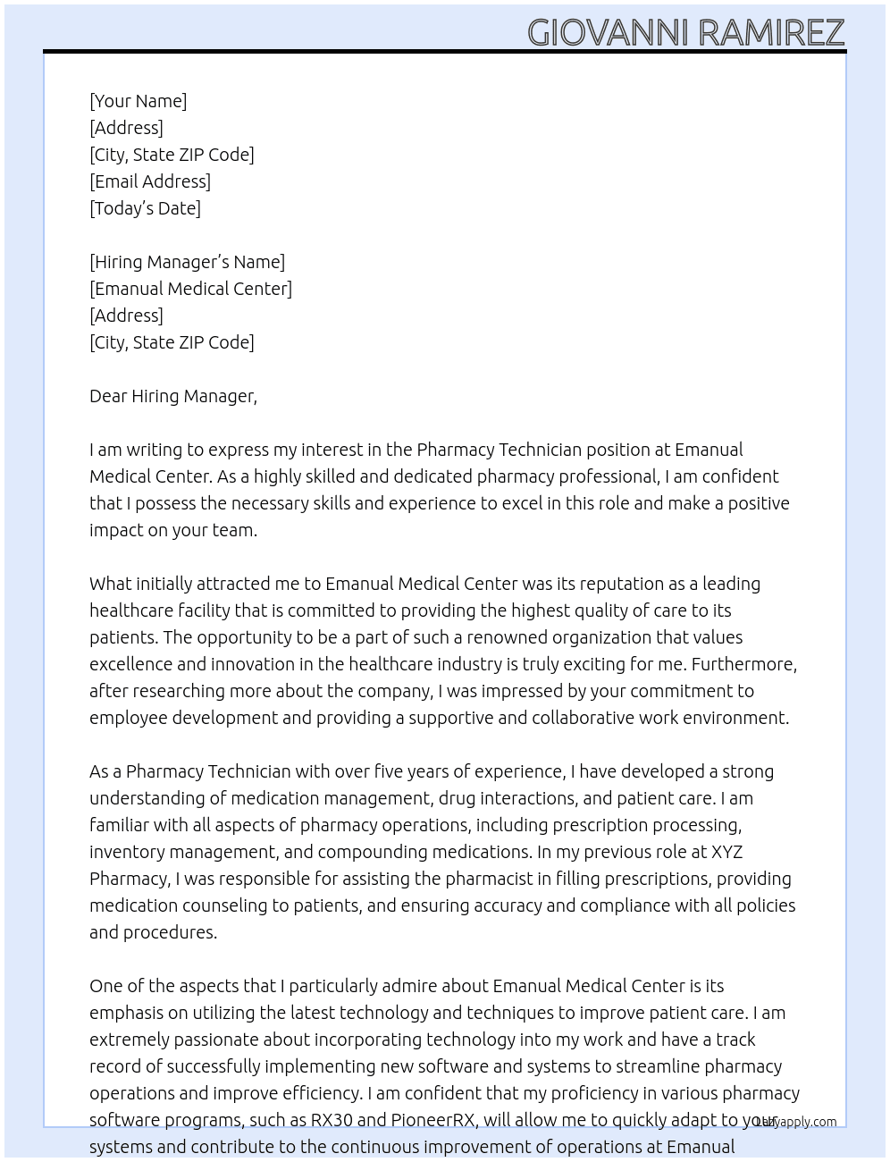 Pharmacy Technician At Emanual Medical Center Cover Letter