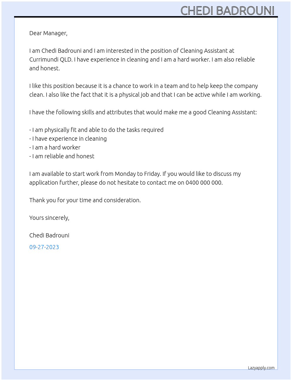 Cleaning assistant  At Currimundi QLD Cover Letter