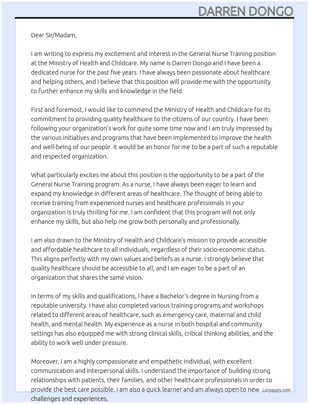 General Nurse Training At Ministry of Health and Childcare Cover Letter