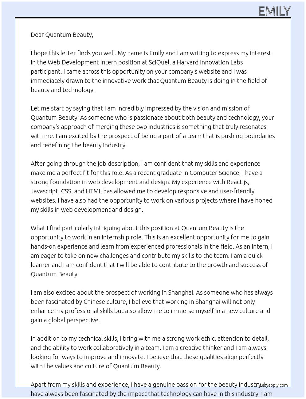 Web Development Intern at SciQuel (A Harvard Innovation Labs Participant) At Quantum Beauty Cover Letter