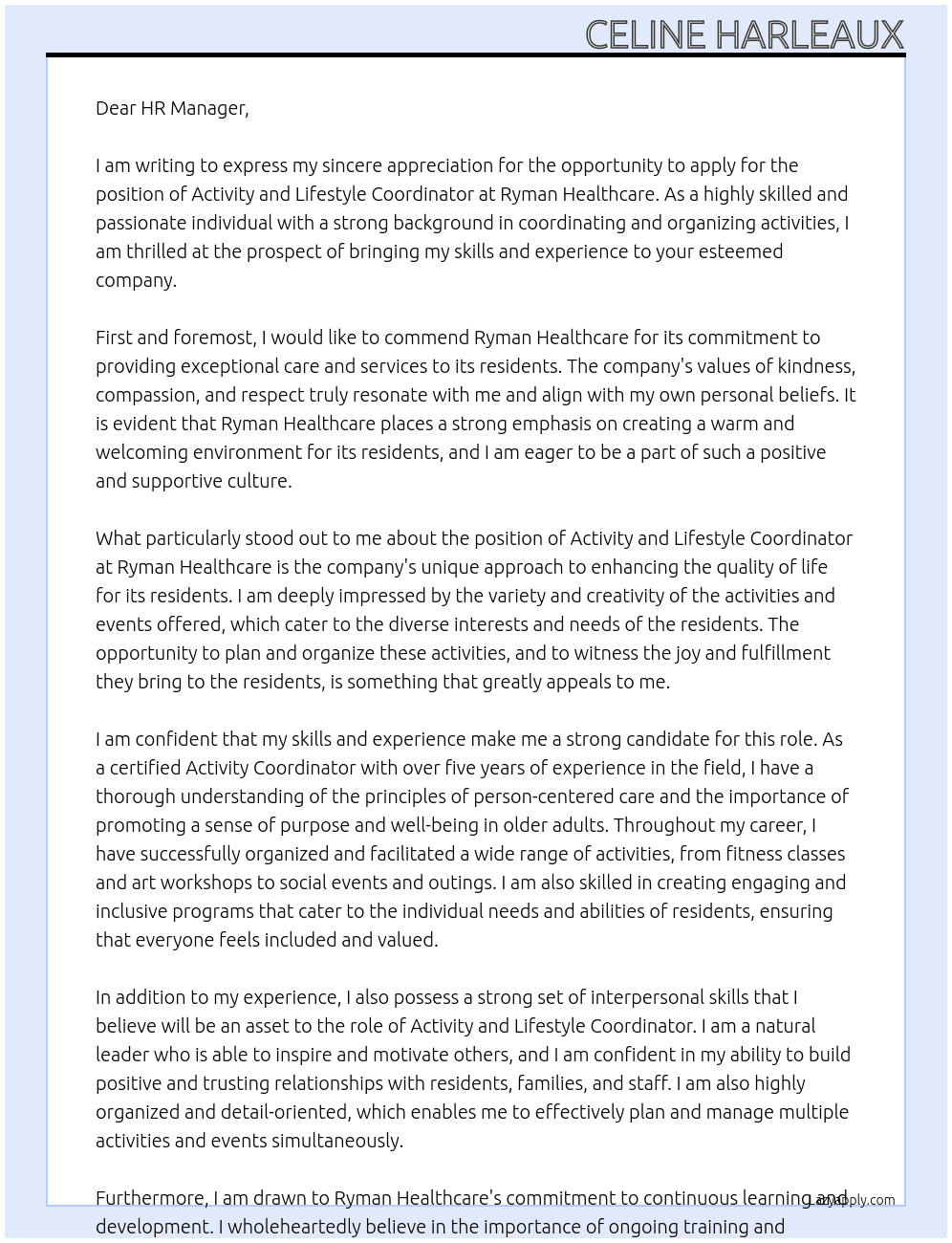 Activity And Lifestyle Coordinator At Ryman Healthcare Cover Letter