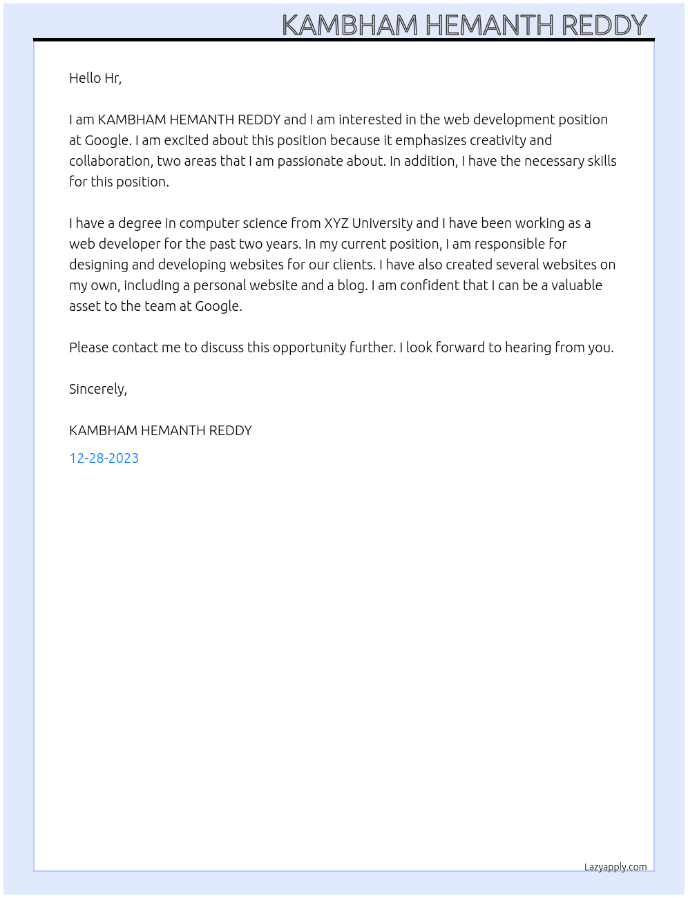 Web development  At Google Cover Letter