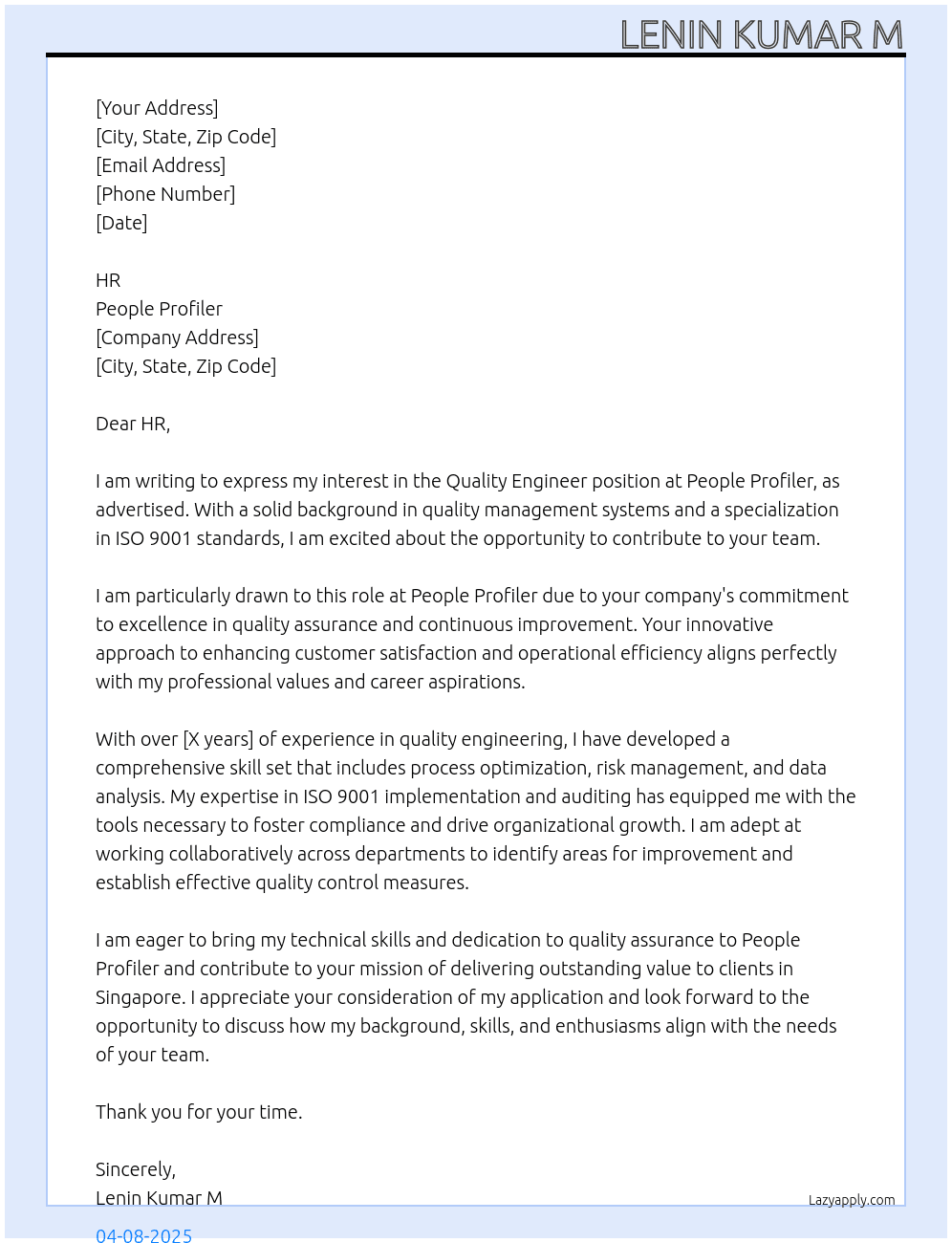 Quality Engineer  At People profiler Cover Letter