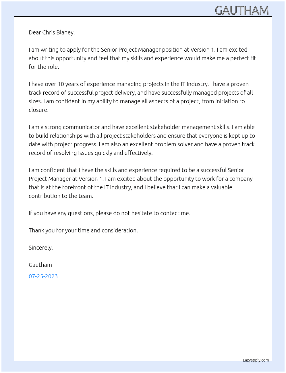 Senior Project Manager At Version 1 Cover Letter