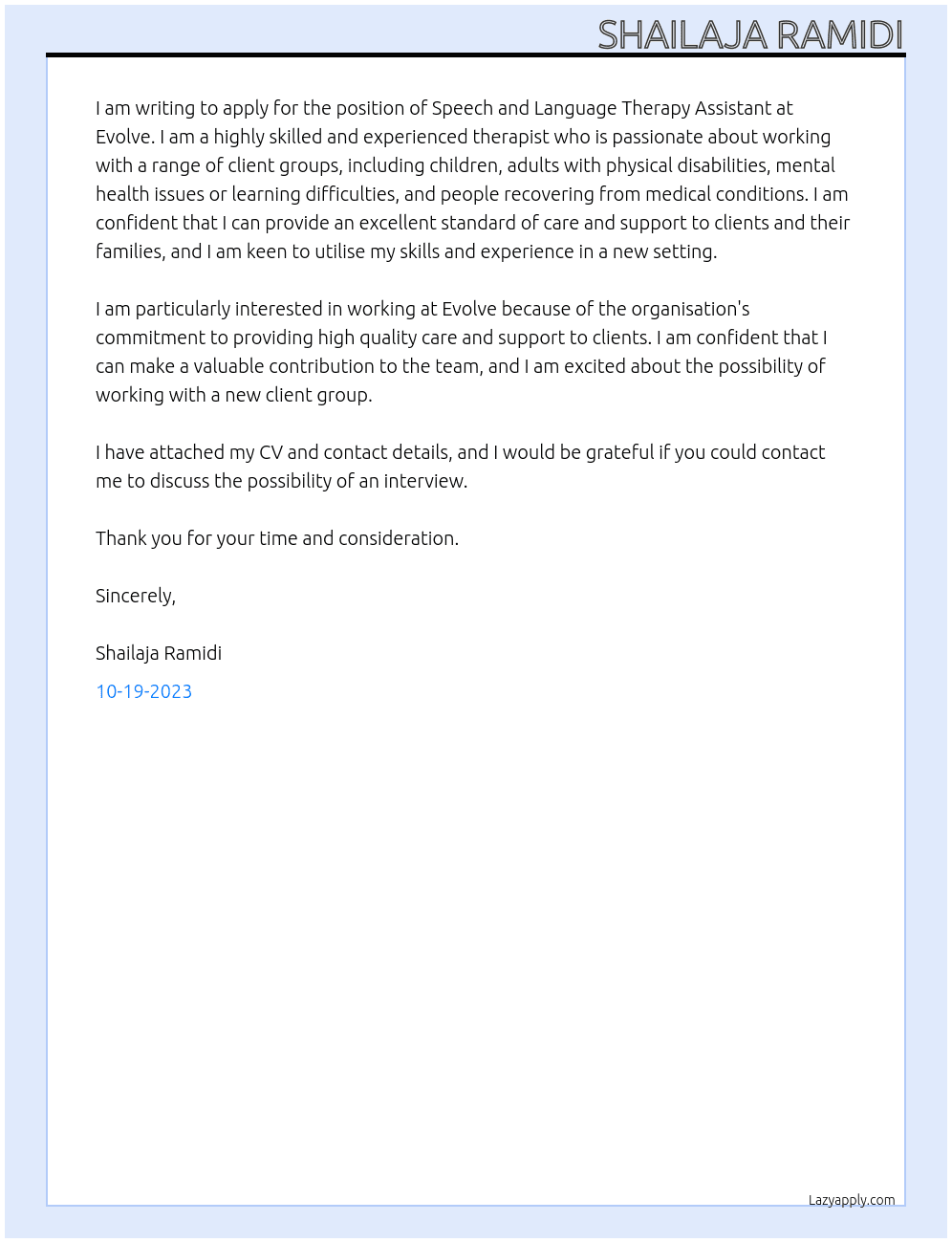 Speech and language therapy assistant i At Evolve Cover Letter