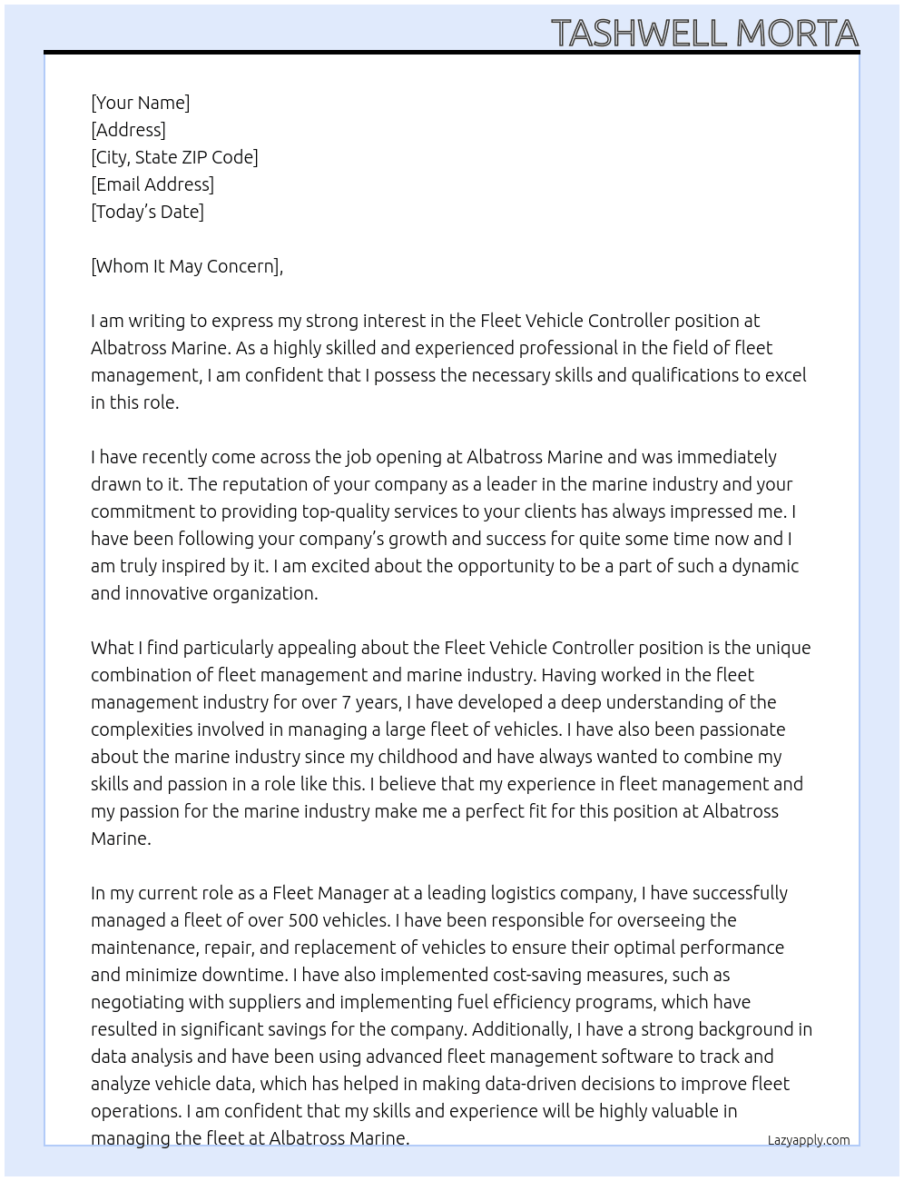 fleet vehicle controler At Albatross Marine Cover Letter