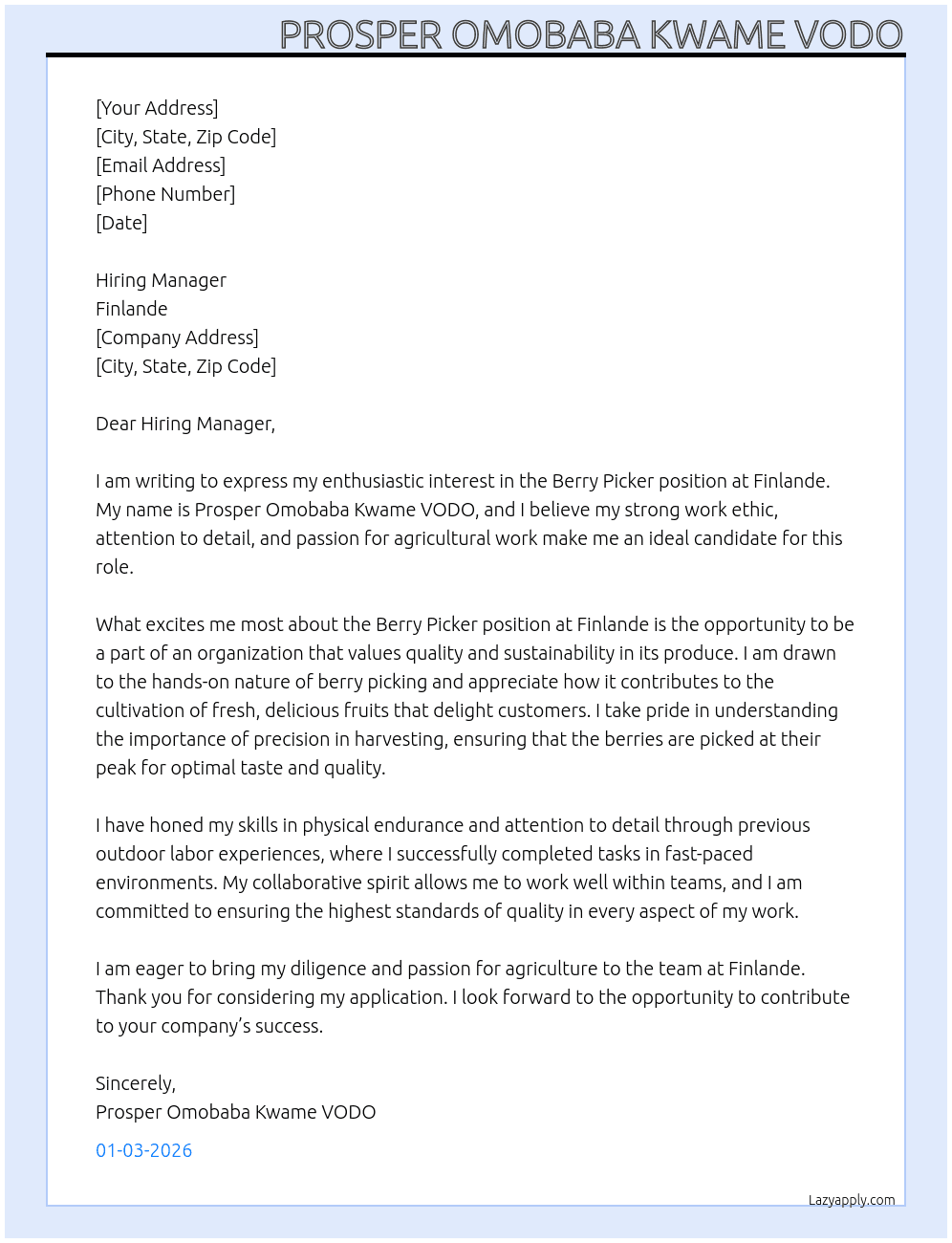 berry picker At finlande Cover Letter