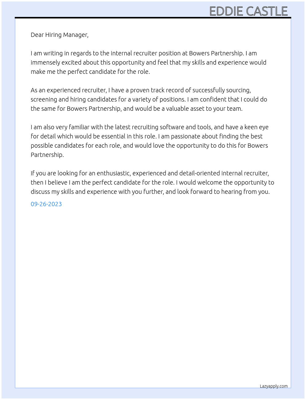 Internal recruiter At Bowers Partnership Cover Letter