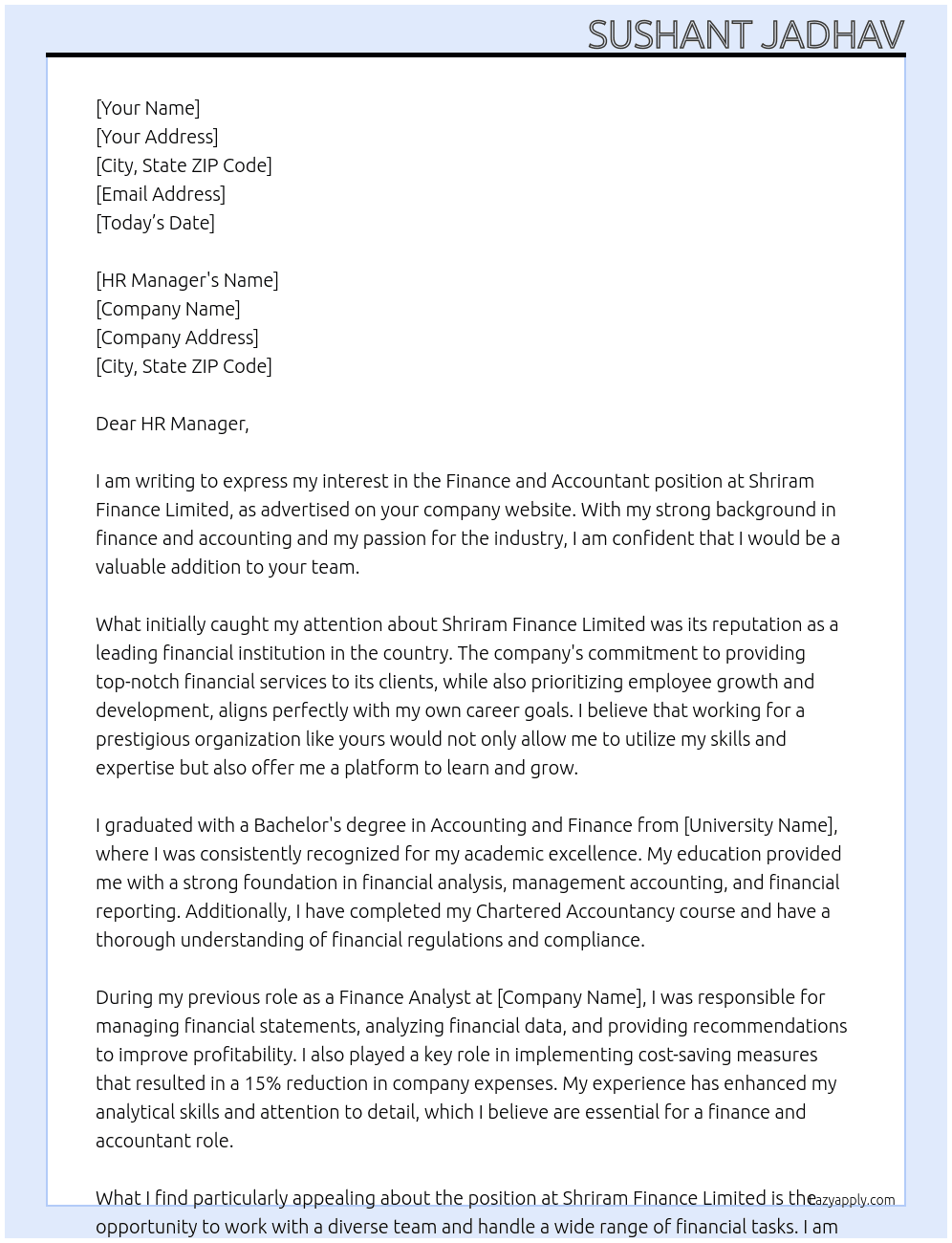 Finance and accountant At Shriram Finance Limited Cover Letter