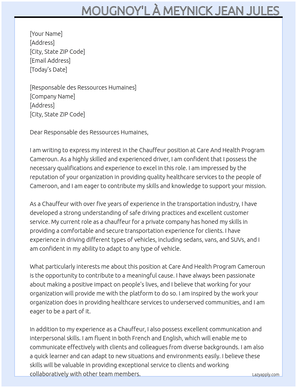 Chauffeur  At Care And health program Cameroun  Cover Letter