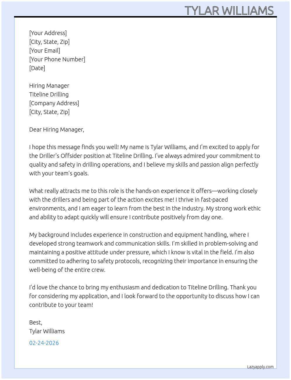Cover letter for drillers offsider - LazyApply