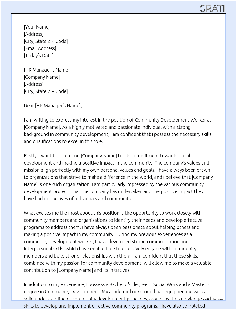 COMMUNITY DEVELOPMENT WORKER At SOCIAL DEVE Cover Letter