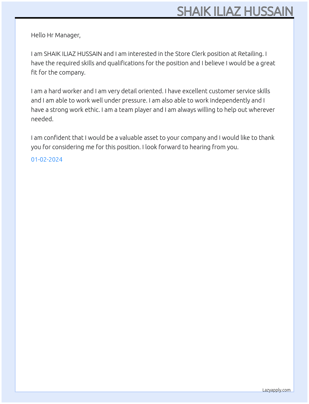 Store Clerk At Retailing Cover Letter