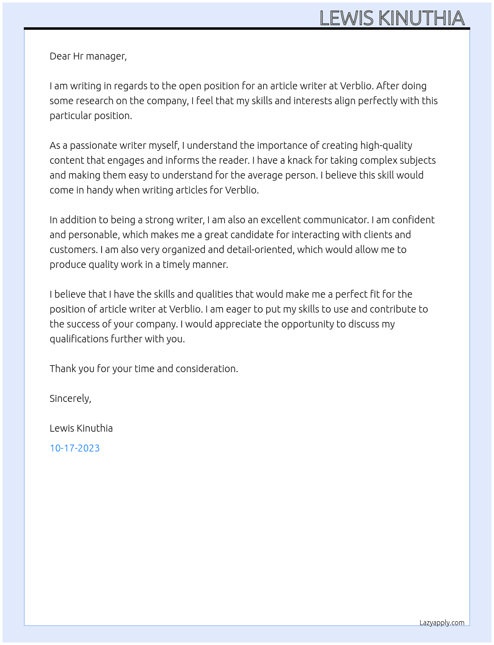 Article writer At Verblio Cover Letter