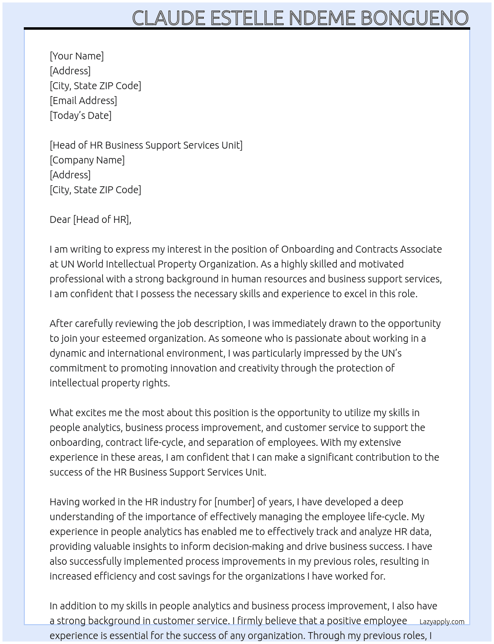 Onboarding and Contracts Associate At UN World Intellectual Property Organization Cover Letter