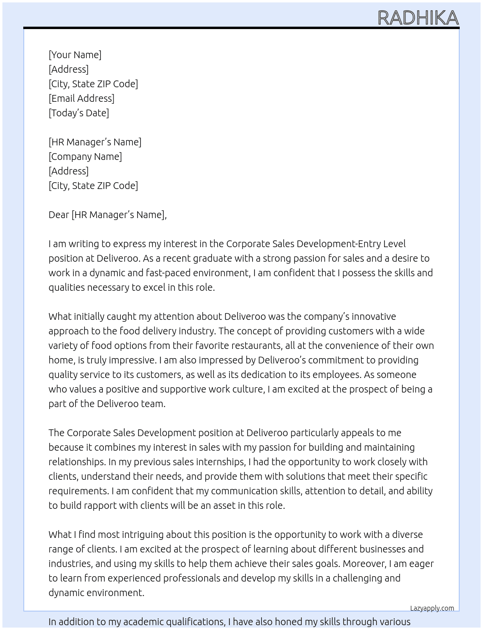 coporate sales development-entry level At deliveroo Cover Letter