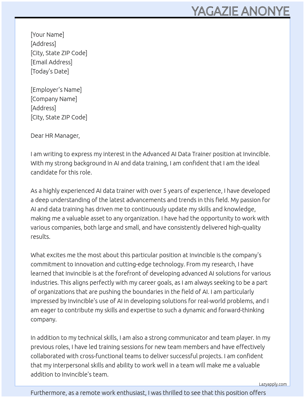 Advanced AI Data Trainer At Invincible Cover Letter