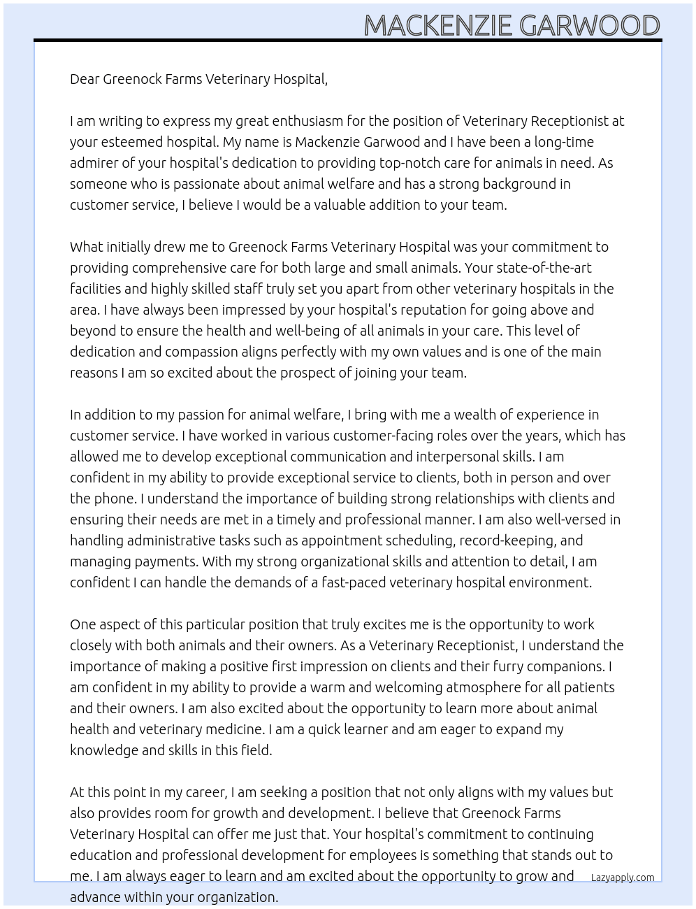 Veterinary Receptionist At Greenock Farms Veterinary Hospital  Cover Letter