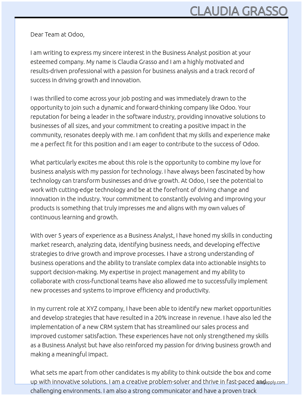Business Analyst At Odoo Cover Letter