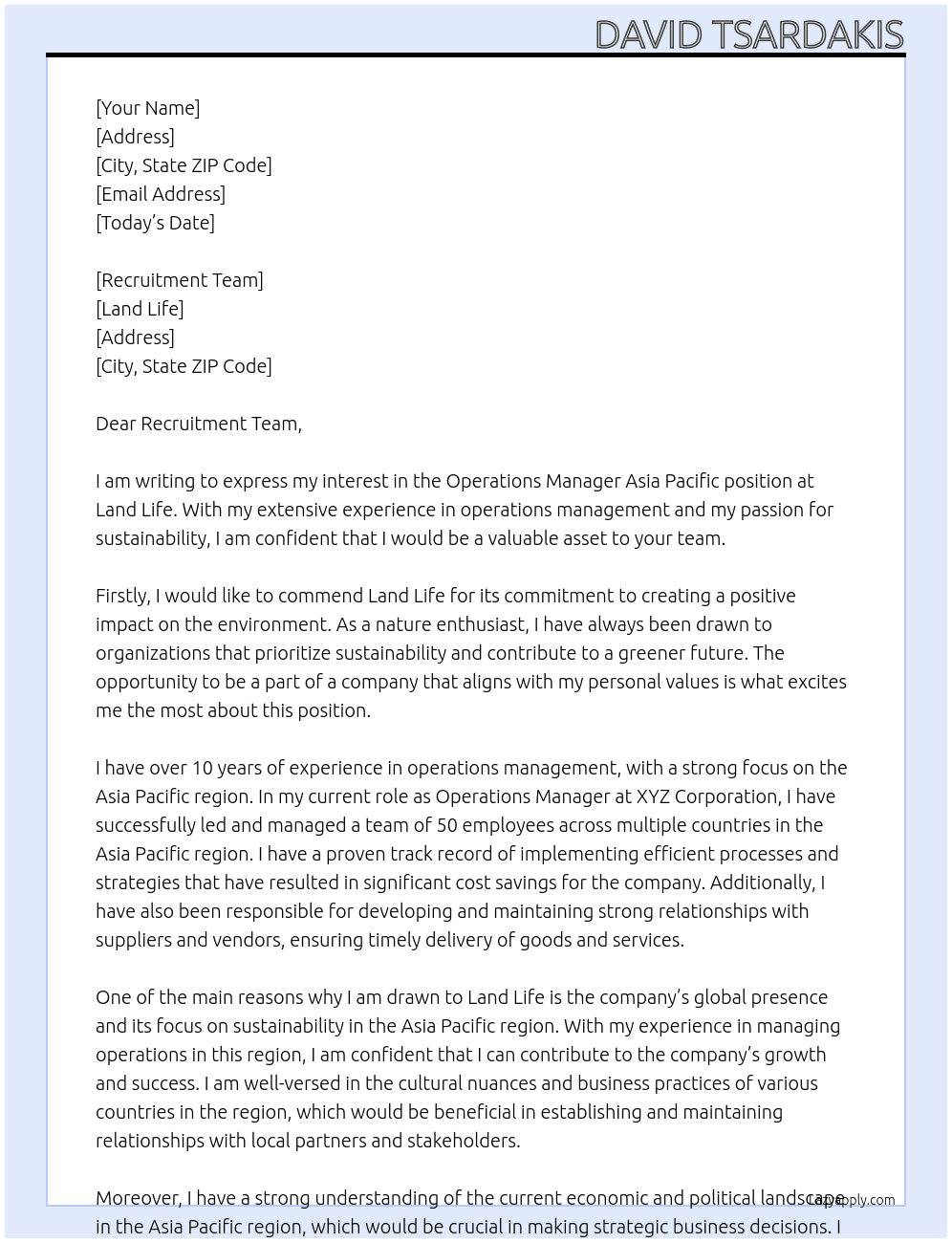 Operations Manager Asia Pacific At Land Life Cover Letter