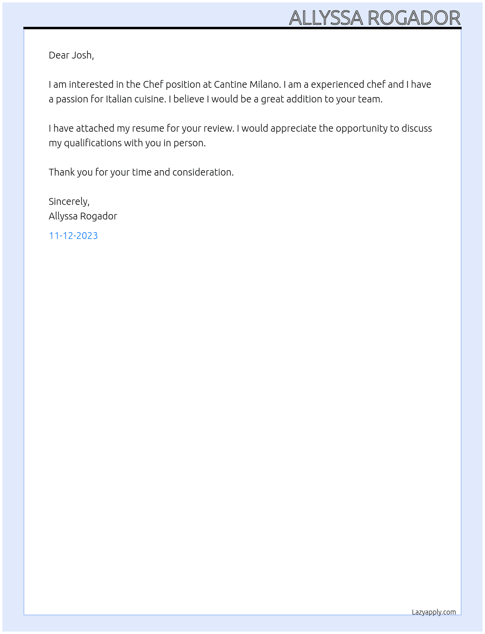 Chef At Cantine Milano Cover Letter