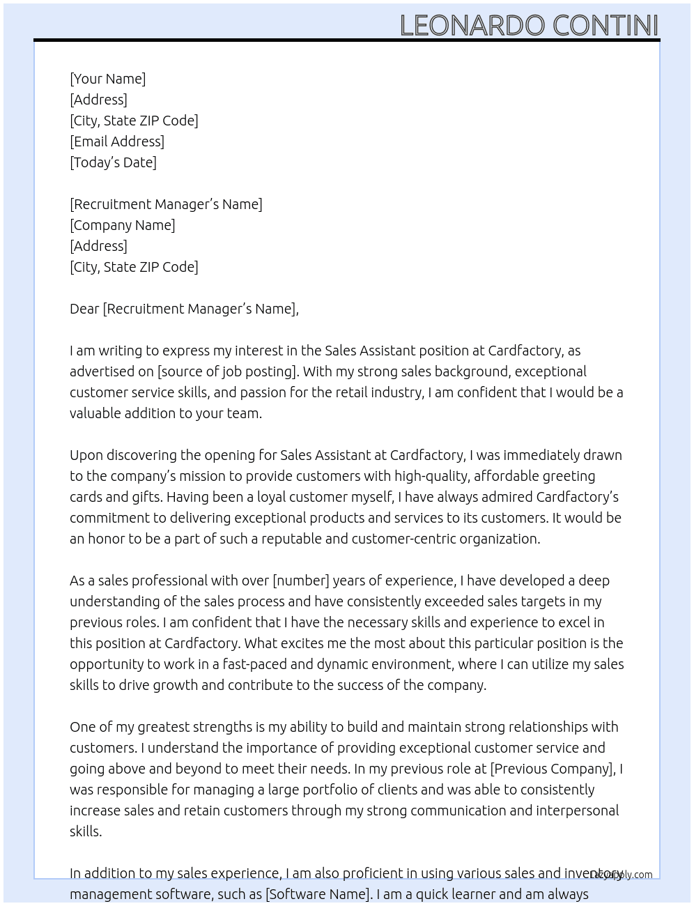 Sales Assistant At Cardfactory Cover Letter