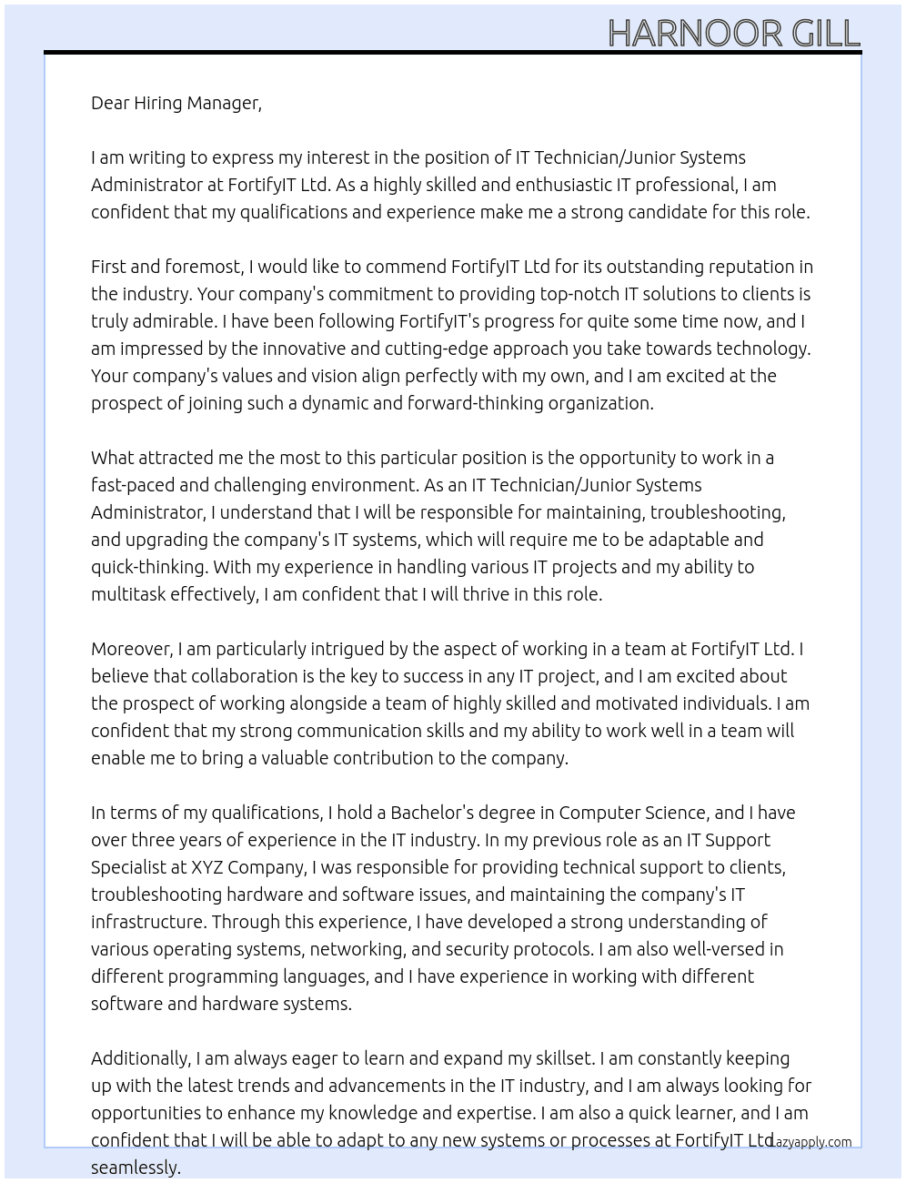 IT Technician/Junior Systems Administrator At FortifyIT Ltd Cover Letter