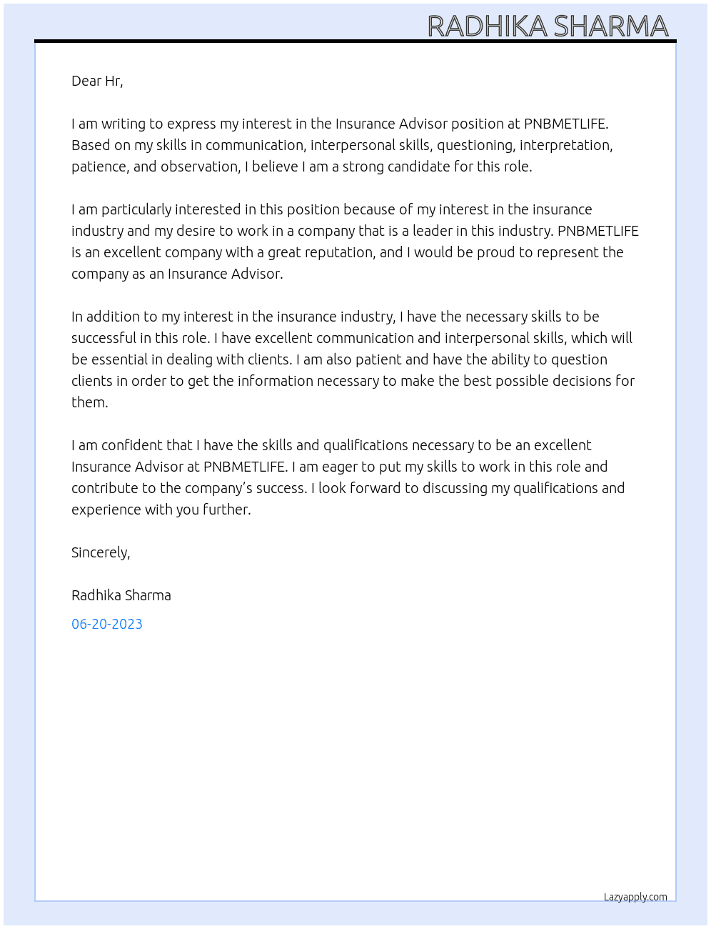 Insurance Advisor At PNBMETLIFE Cover Letter