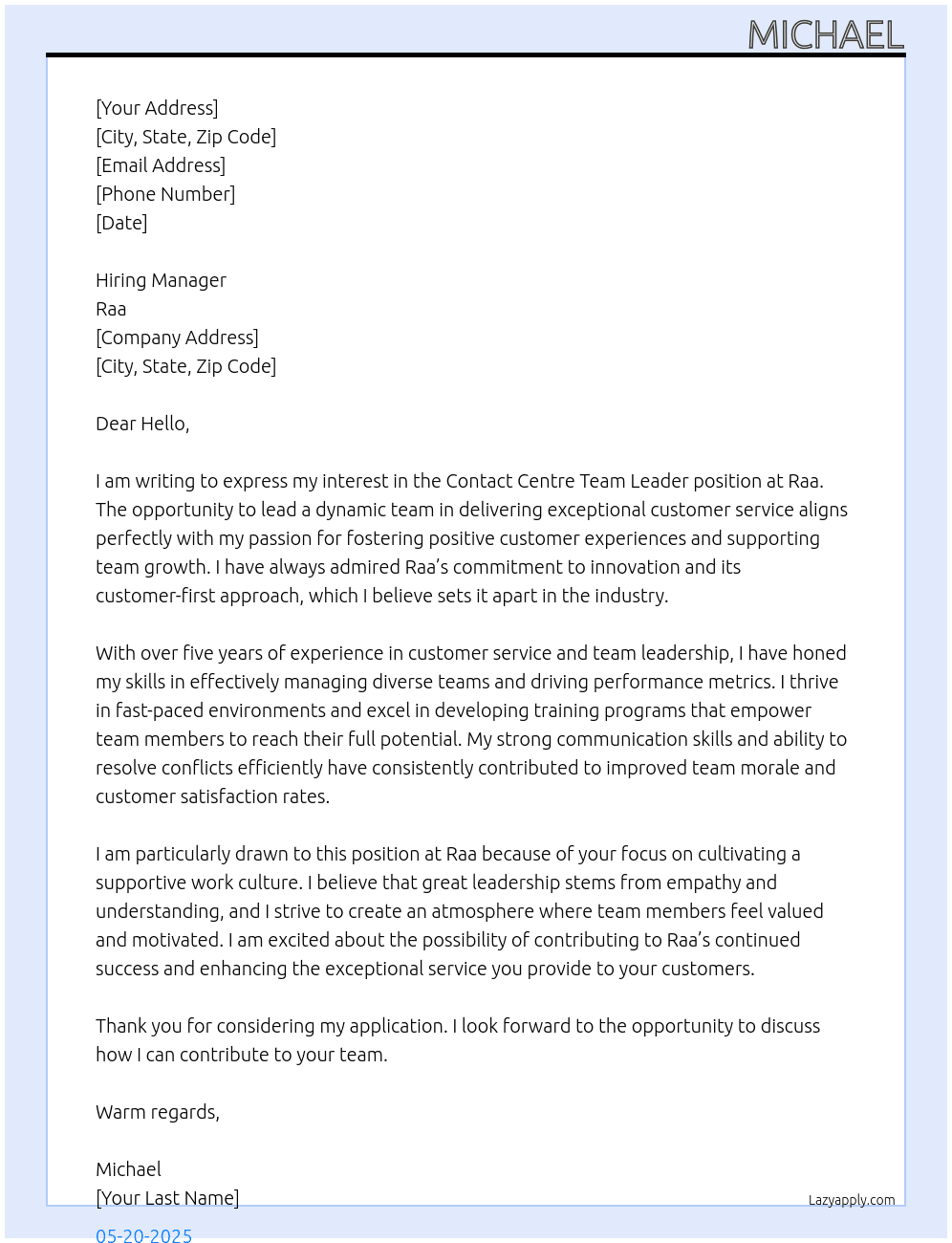 Contact centre team leader At Raa Cover Letter