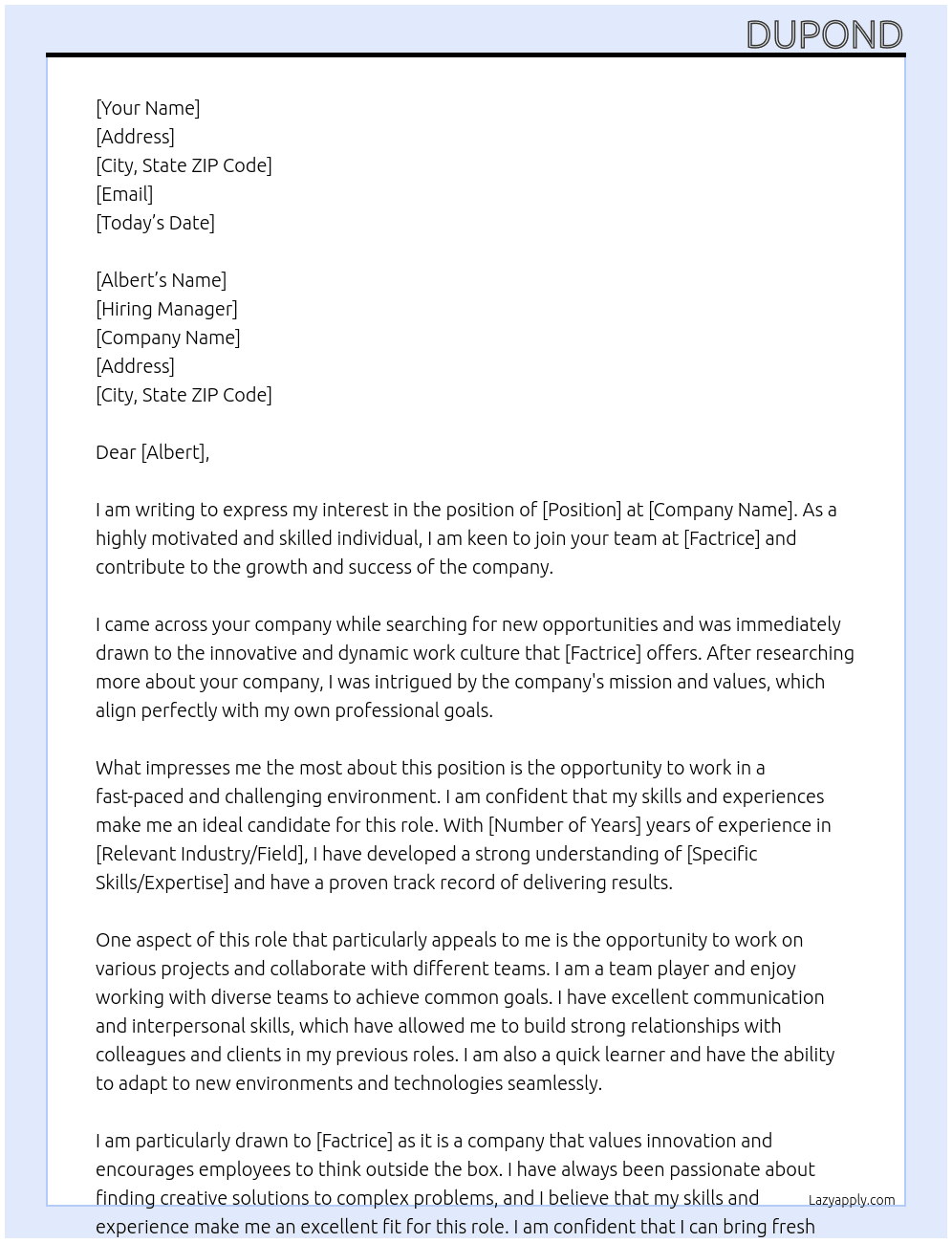 candidature spontanée At factrice Cover Letter