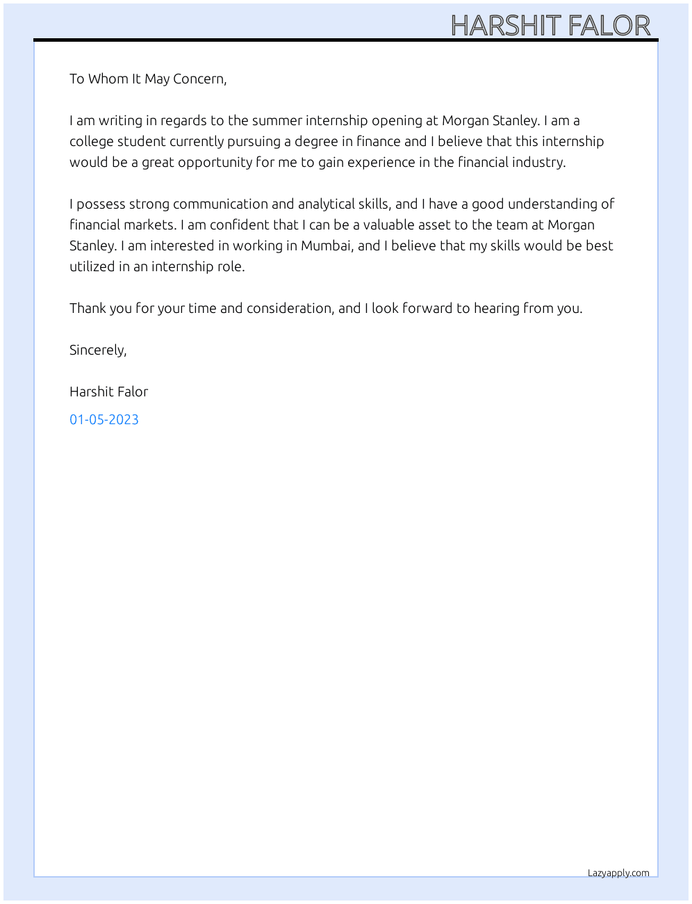 Summer internship  At Morgan Stanley  Cover Letter