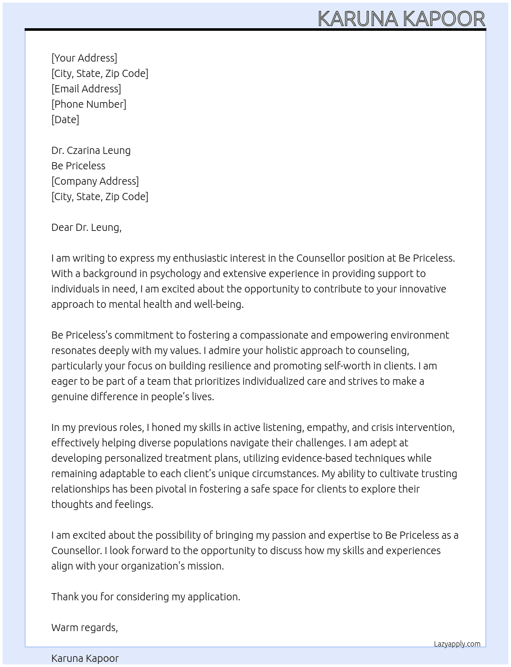 Counsellor At Be Priceless Cover Letter