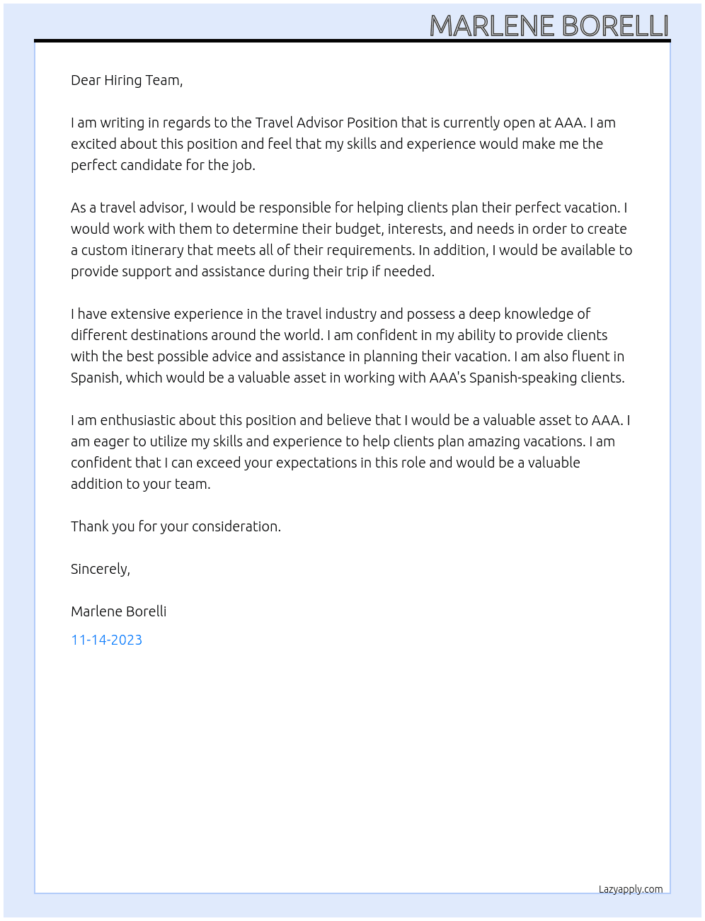 Travel Advisor Position At AAA Cover Letter