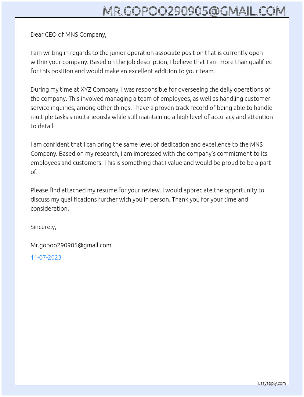Junior operation associate  At MNS Cover Letter