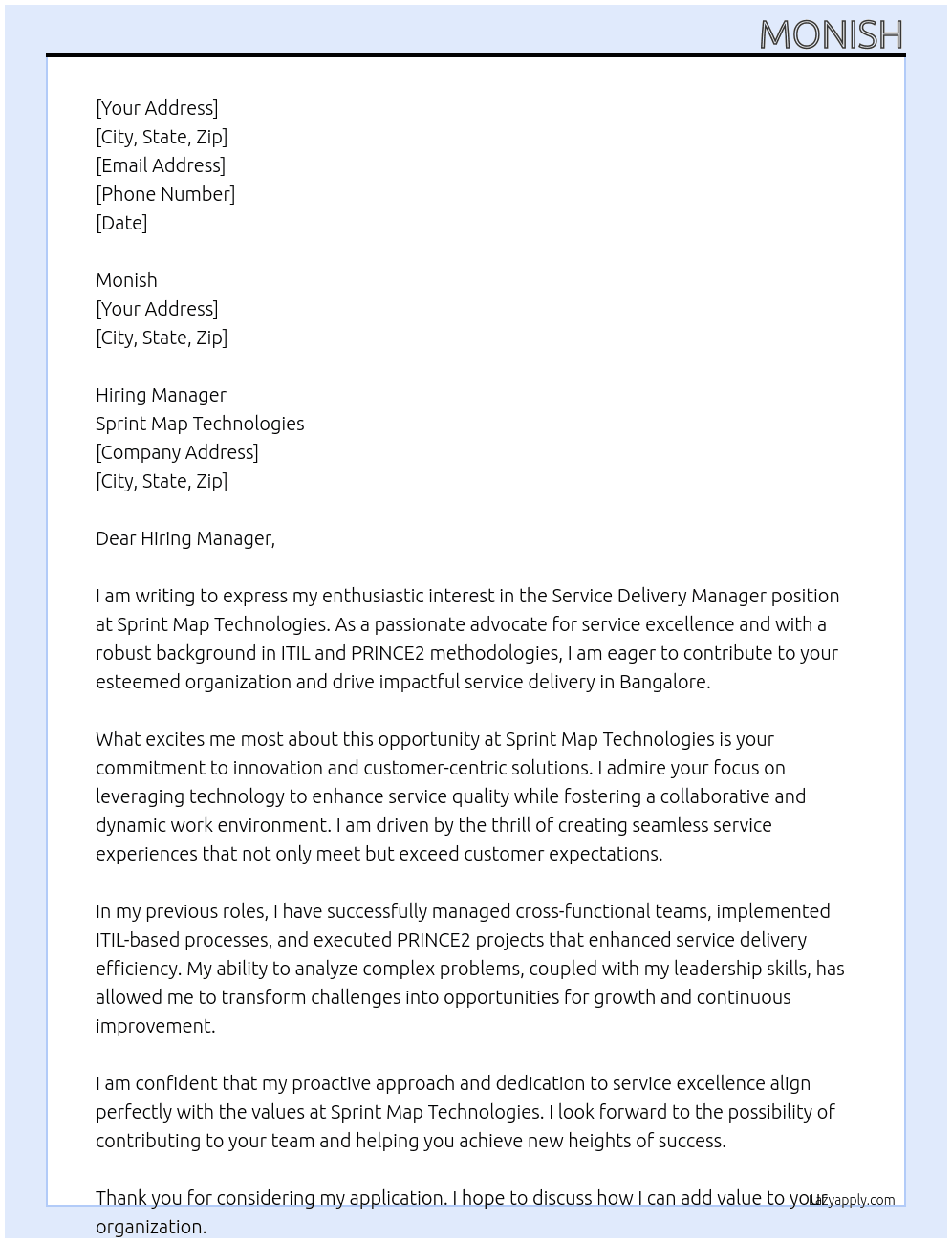 Service Delivery Manager At Sprint Map technologies Cover Letter