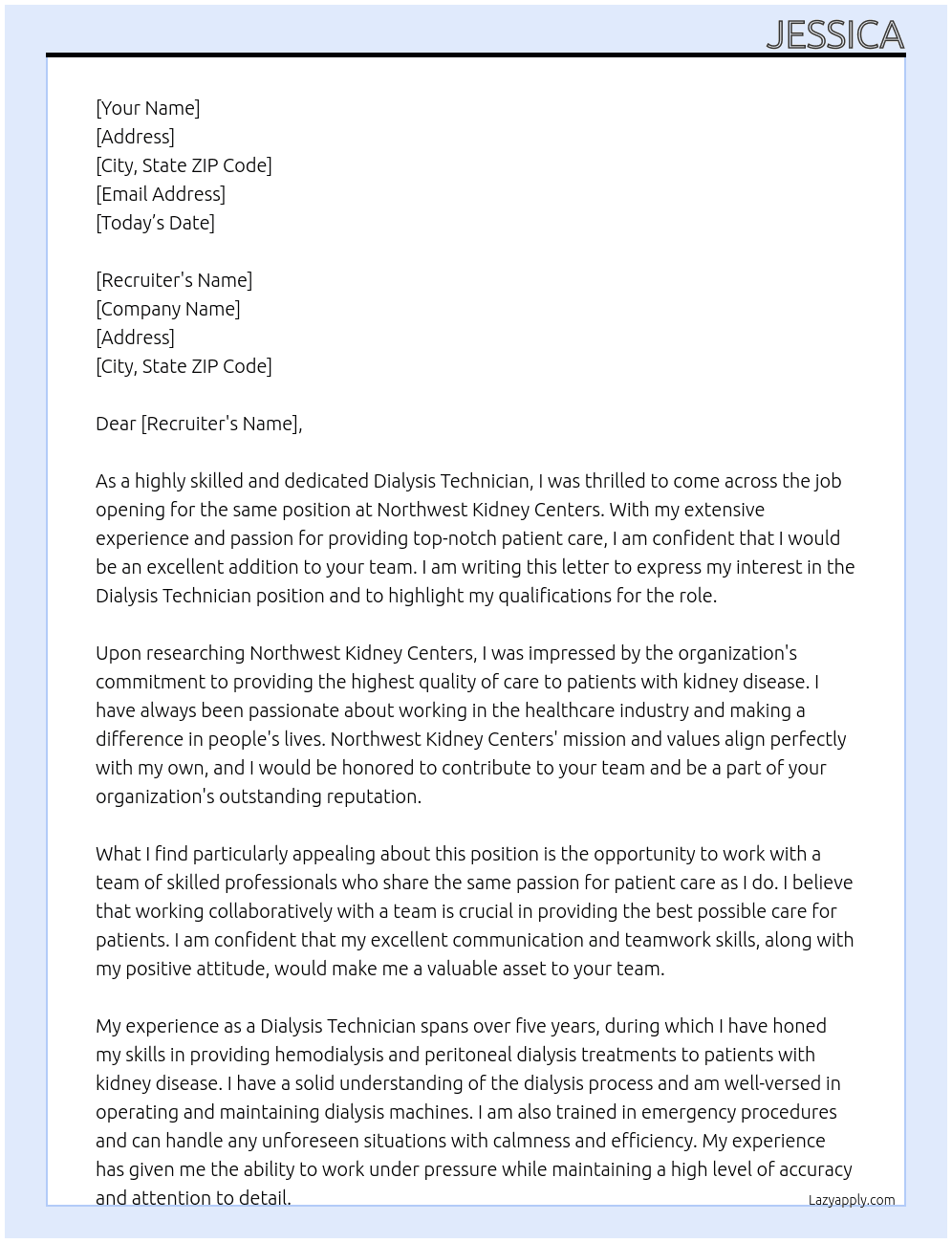 Dialysis Technician  At Northwest Kidney Centers Cover Letter