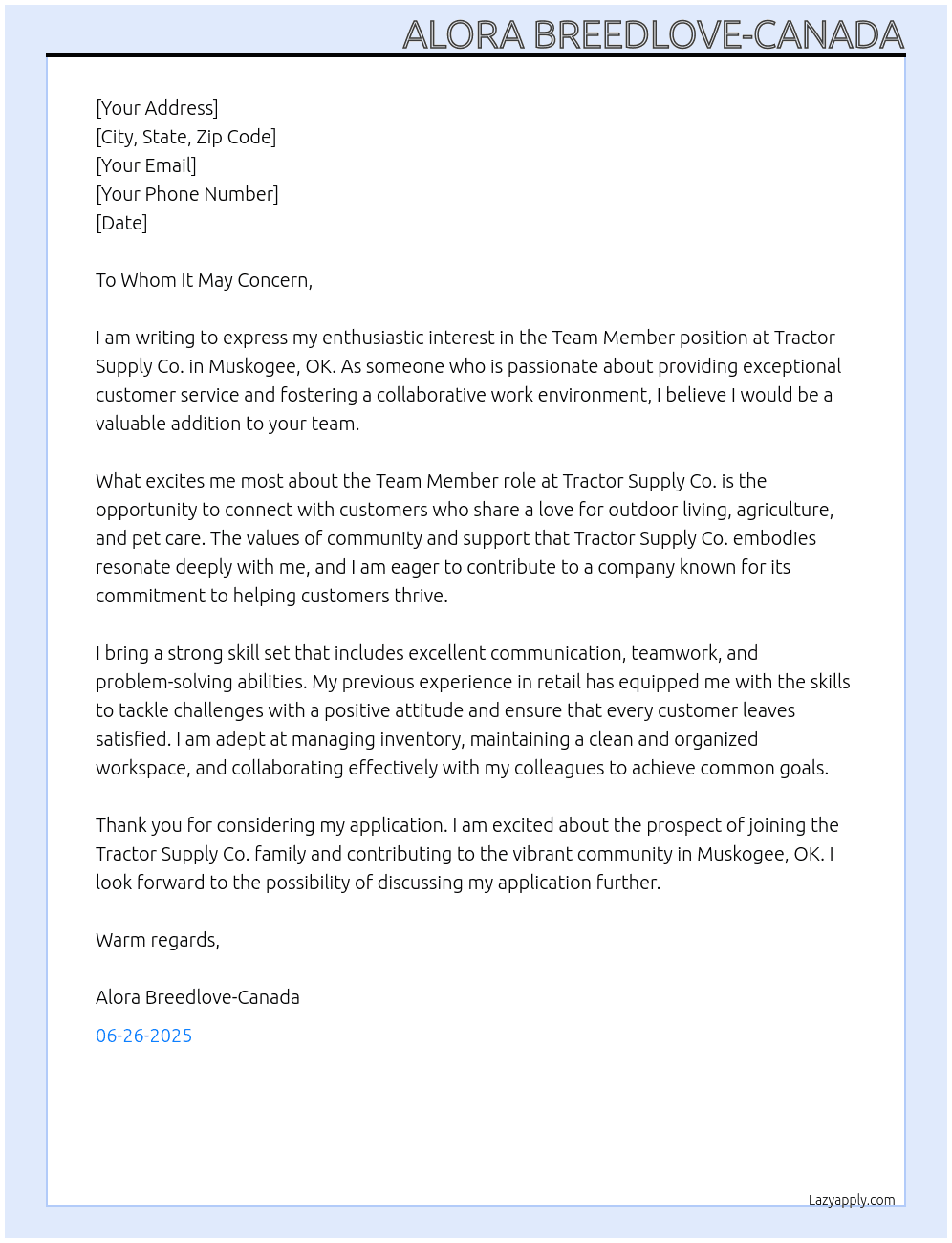 Team Member At Tractor Supply Co. Cover Letter