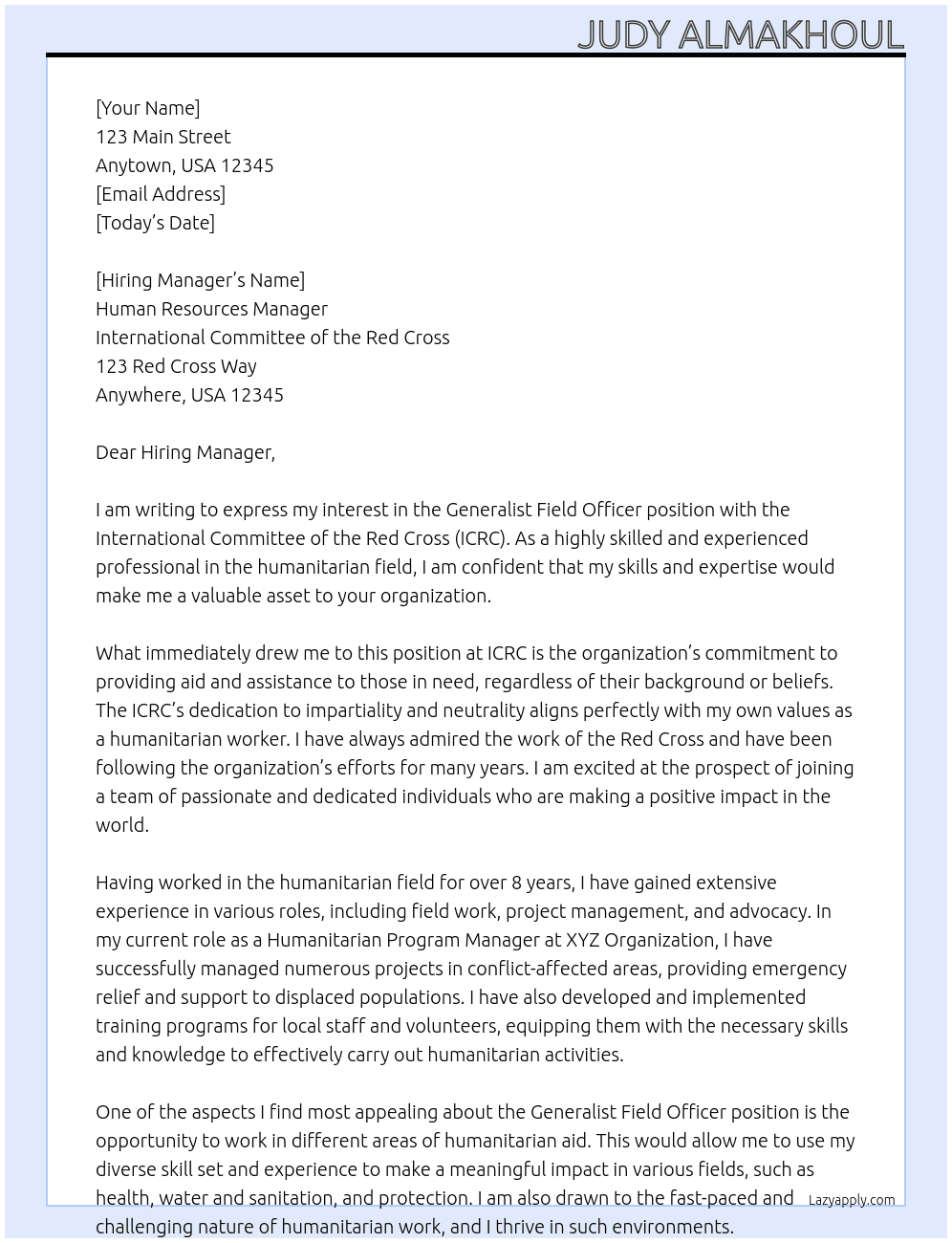 Generalist Field Officer At ICRC  Cover Letter