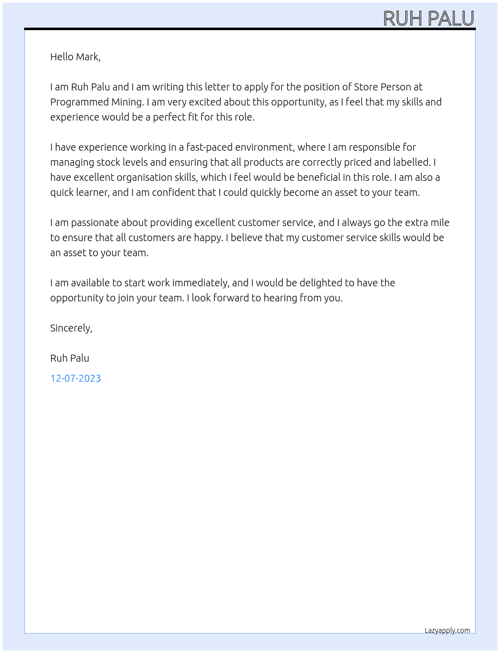 Store person At Programmed Mining Cover Letter