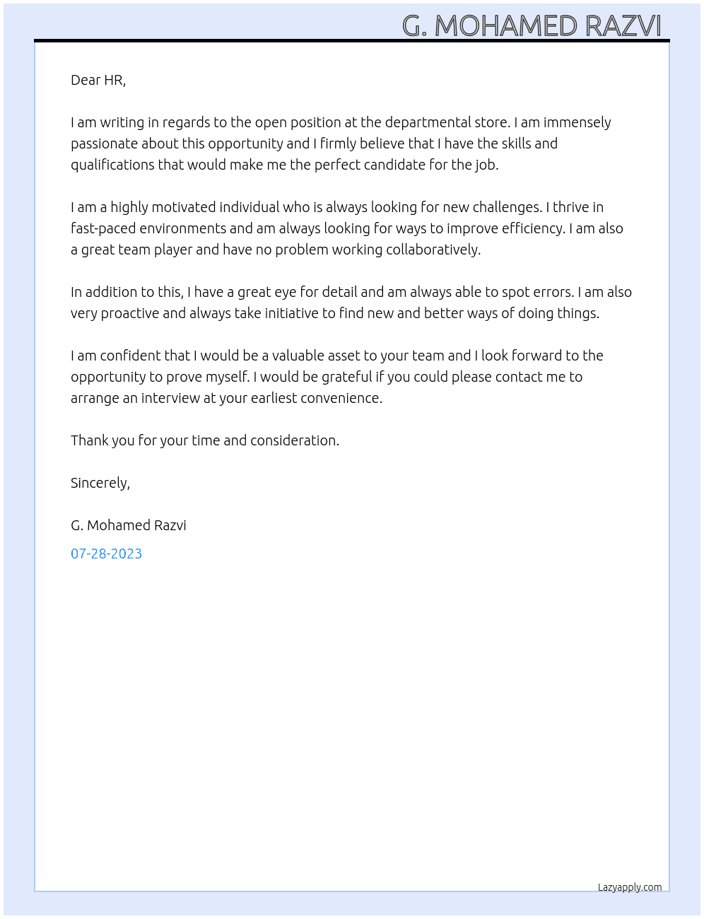 Any Job At Departmental store Cover Letter