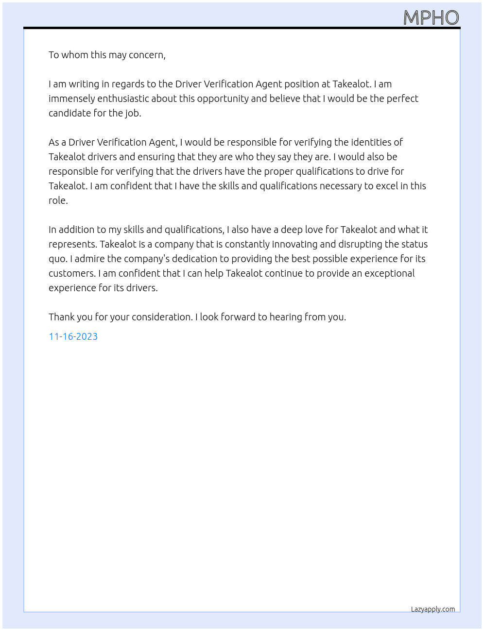 Driver verification agent At Takealot Cover Letter