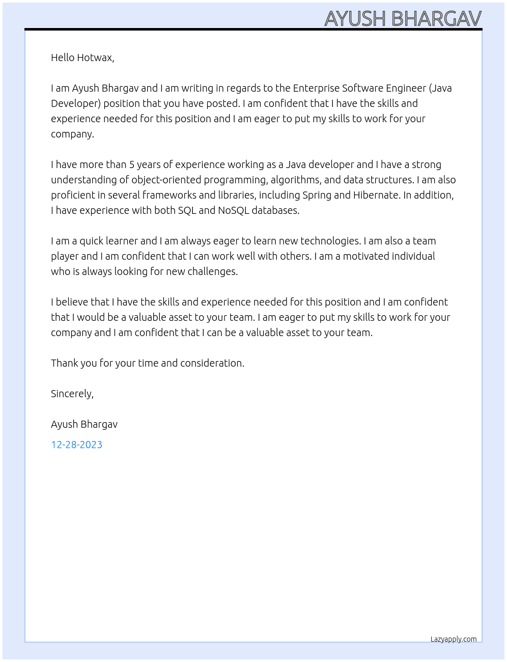 Enterprise Software Engineer (Java Developer) At Hotwax Cover Letter
