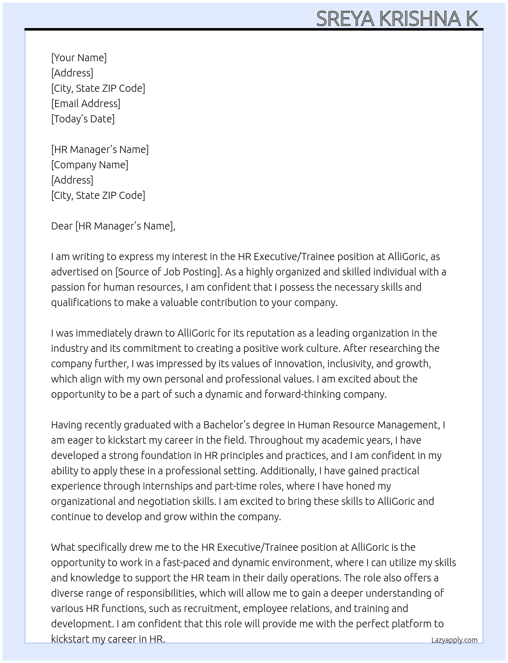 HR Executive/ Trainee Jobs At AlliGoric Cover Letter