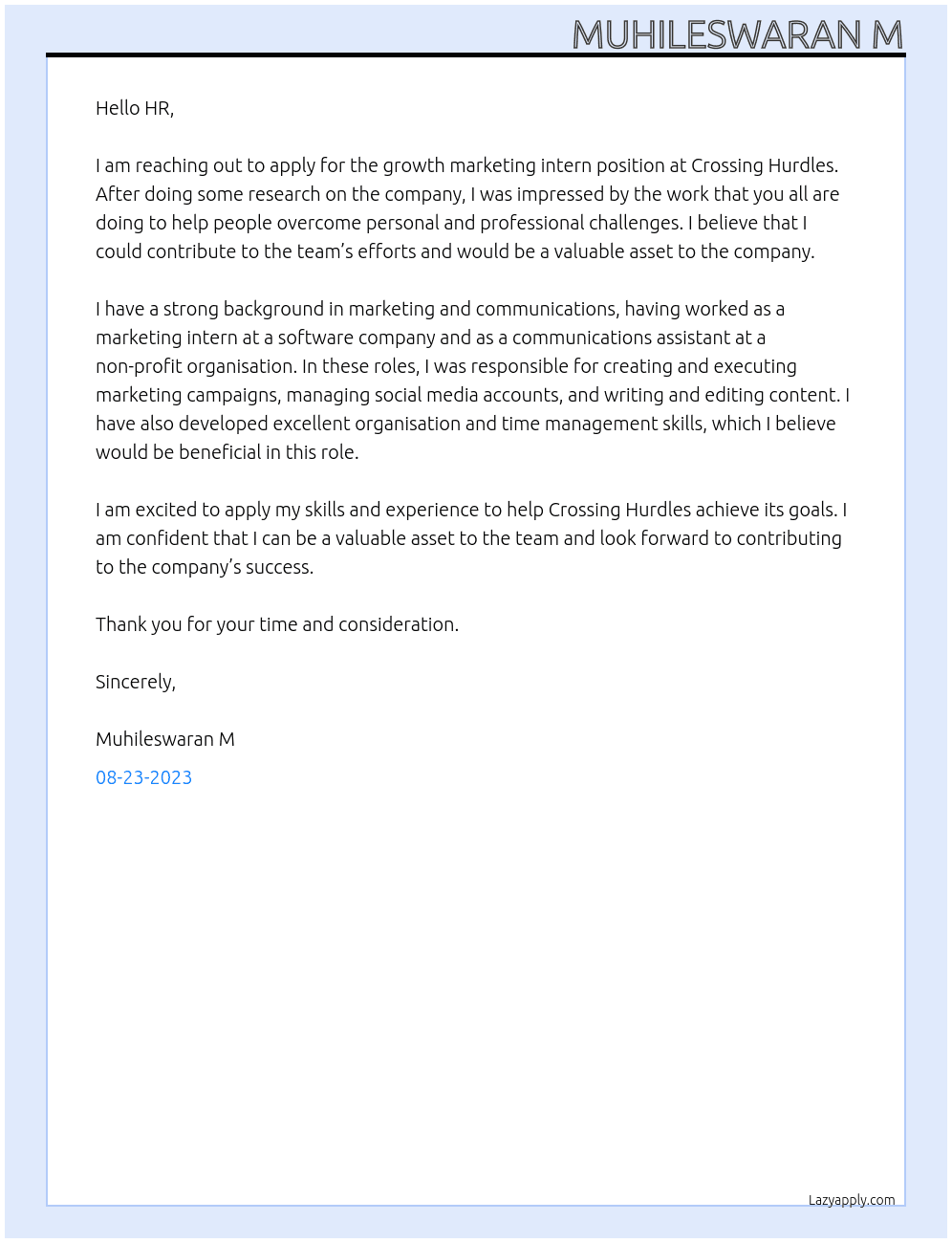growth marketing intern At crossing hurdles Cover Letter